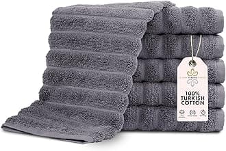 Classic Turkish Towels - Luxury Ribbed Washcloths, 100% Turkish Cotton, Quick Dry, Soft and Absorbent Face Wash Towels, Brampton Collection, 6-Pack - 13 x 13 Inches (Grey)