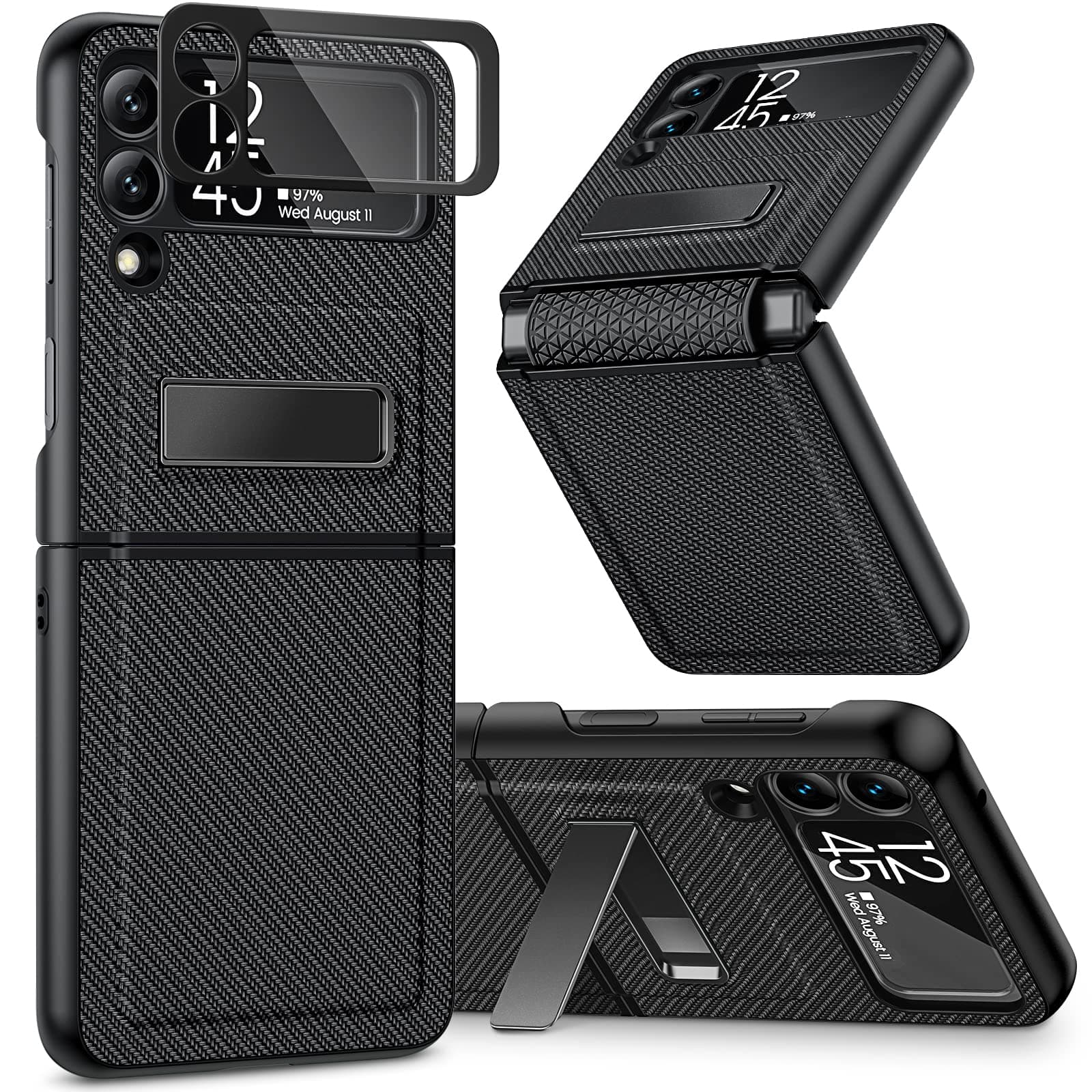 Compatible for Galaxy Z Flip 3 5G Kickstand Case, Z Flip 3 Case with Camera Protector Hinge Protection Wireless Charging Cover for Samsung Galaxy Z Flip 3 (Carbon Fiber Black)