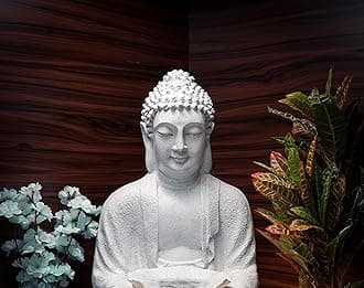 EXPLEASIA Fibreglass Lotus Buddha Water Fountain for Home Office Garden Terrace Balcony Living Room(White)(Version 2023)