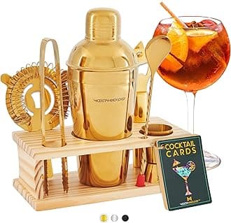 Modern Mixology Cocktail Shaker Set - 8 Piece Bartender Kit on Quality Pine Stand | Complete Cocktail Kit Gift Set | Top Bartender Gifts for Men | Leak Proof Design (Gold)