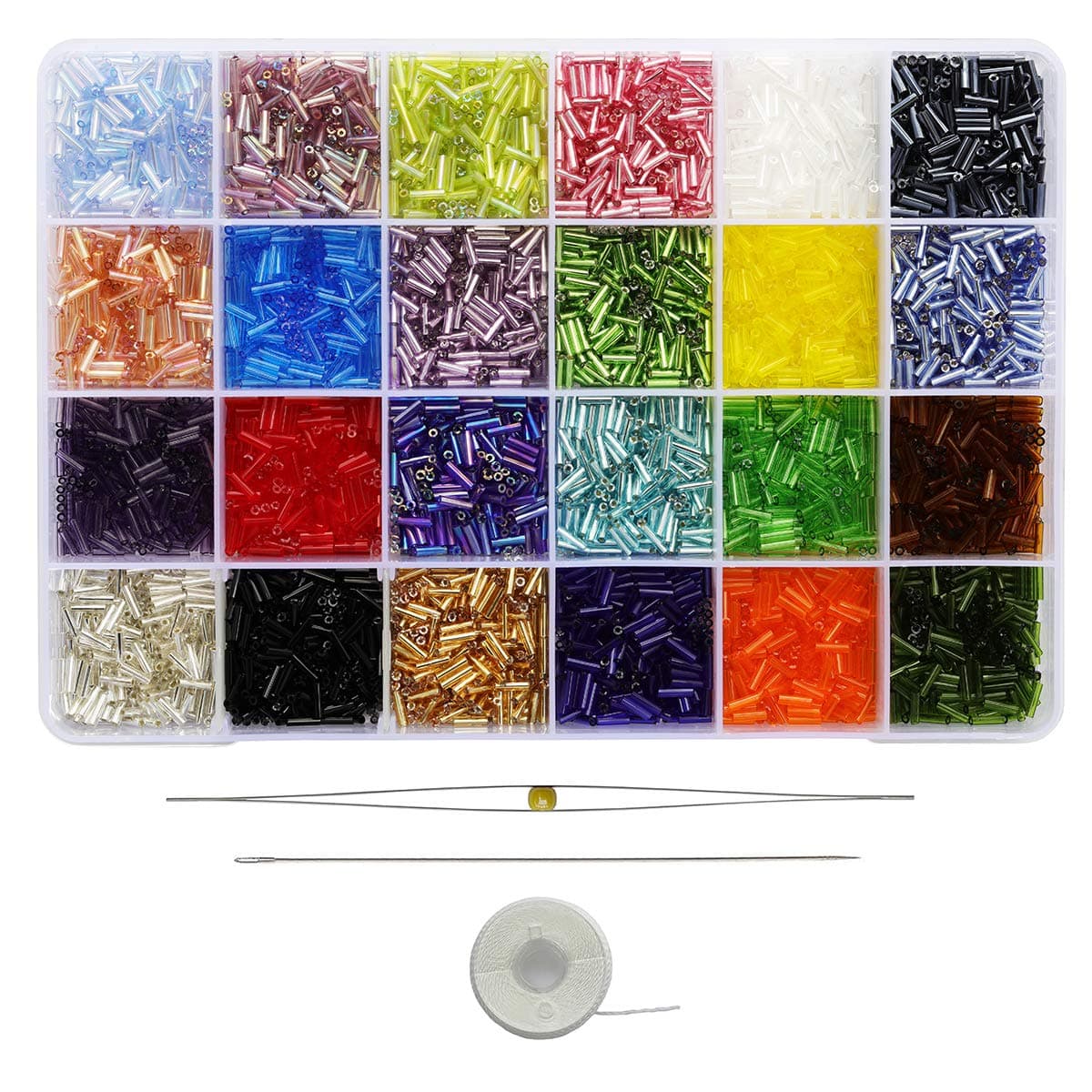Size 6mm Glass Bugle Beads with Beading Needles About 7200pcs in Box,24 Multicolor Assortment Length 6mm Tube Beads for Jewelry Making (300pcs/Color, 24 Colors)