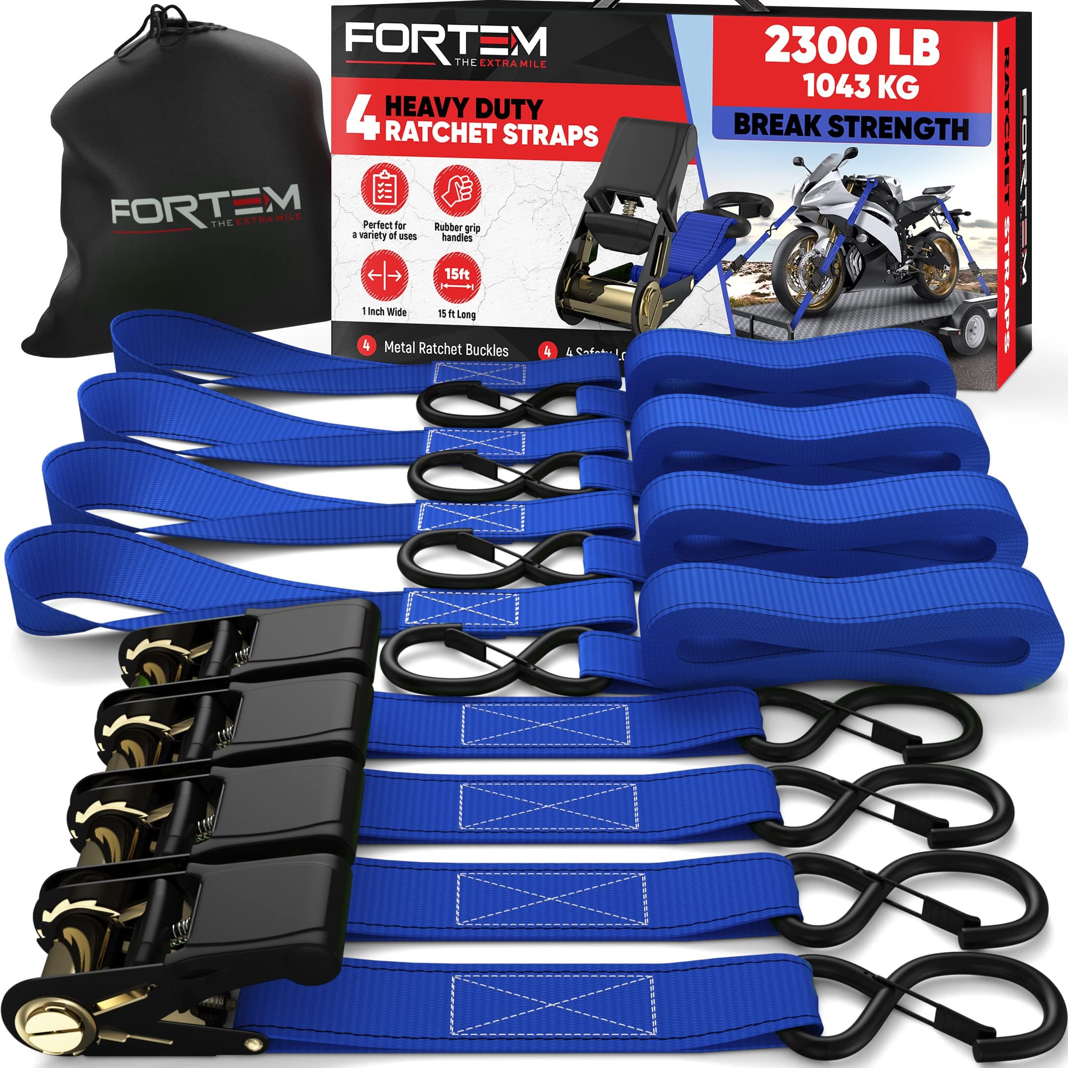 FORTEM Ratchet Straps, Tie Down Strap Set 2300lb Break Strength, 4 Pack 15ft x 1in, 4 Soft Loops, Moving Straps Tie Downs, Cargo Cam Buckles for Trucks, Carry Bag, for Men