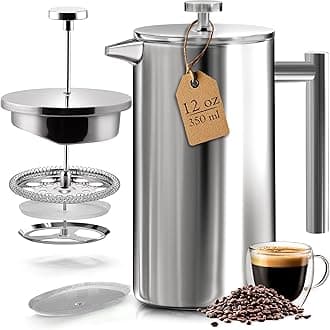 350ml Stainless Steel French Press - Double Wall Coffee Press - Stainless Steel Plunger Coffee & Tea Maker (Silver, 0.35 Ltr, Pack of 1)