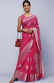 leeza store Women's Linen Tissue Silk Silver Zari Floral Motifs Jacquard Banarasi Saree With Blouse Piece