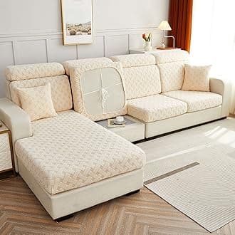 Jacquard Sofa Cushion Cover Couch Seat Covers Sofa Seat Cushion Slipcovers Sofa Cover, Plush Winter Warm High Stretch Fabric Washable Summer Furniture Protector (Beige Yellow,3 Seat Plus)