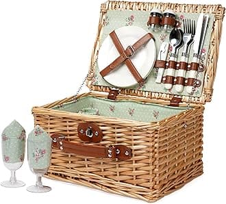 Wicker Picnic Basket for 2, Handmade Willow Hamper Basket Sets 2 Person Picnic Basket with Utensils Cutlery Perfect for Picnic, Camping