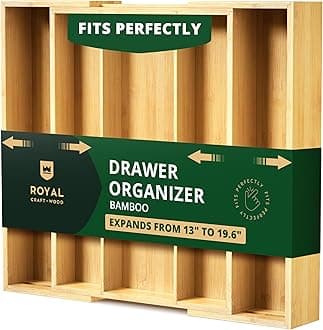 ROYAL CRAFT WOOD Luxury Bamboo Kitchen Drawer Organizer - Silverware Organizer - Utensil Holder and Cutlery Tray with Grooved Drawer Dividers for Flatware and Kitchen Utensils (5 Slot, Natural)