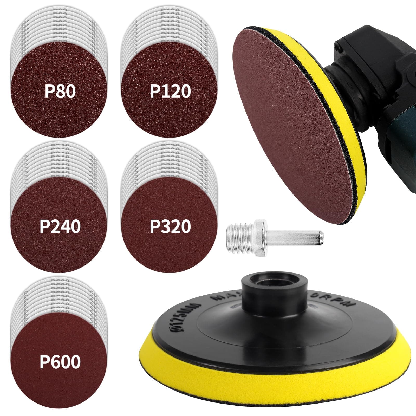 5 Inch Hook and Loop Backing Pad with 50PCS Sanding Discs, Angle Grinder Attachments with 5/8-11 Threads, Sanding Pad for Wood Buffing Polishing(80/120/240/320/600 Grit)
