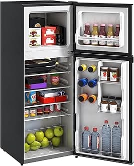 4 Cu.Ft Mini Fridge with Freezer, Double Door Compact Refrigerator with Adjustable Thermostat, Shelf and Reversible Door for Bedroom, Dorm, Home Office, Energy Efficient, Silver