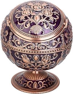 LAUYOO Windproof Ashtray with Lid for Cigarettes Metal Portable Cigar Ashtray Odor Eliminator for Indoor outdoor Hand Stamped Rose Pattern with Sparkle Fancy Gift for Men Women(Dark Purple-Red Copper)