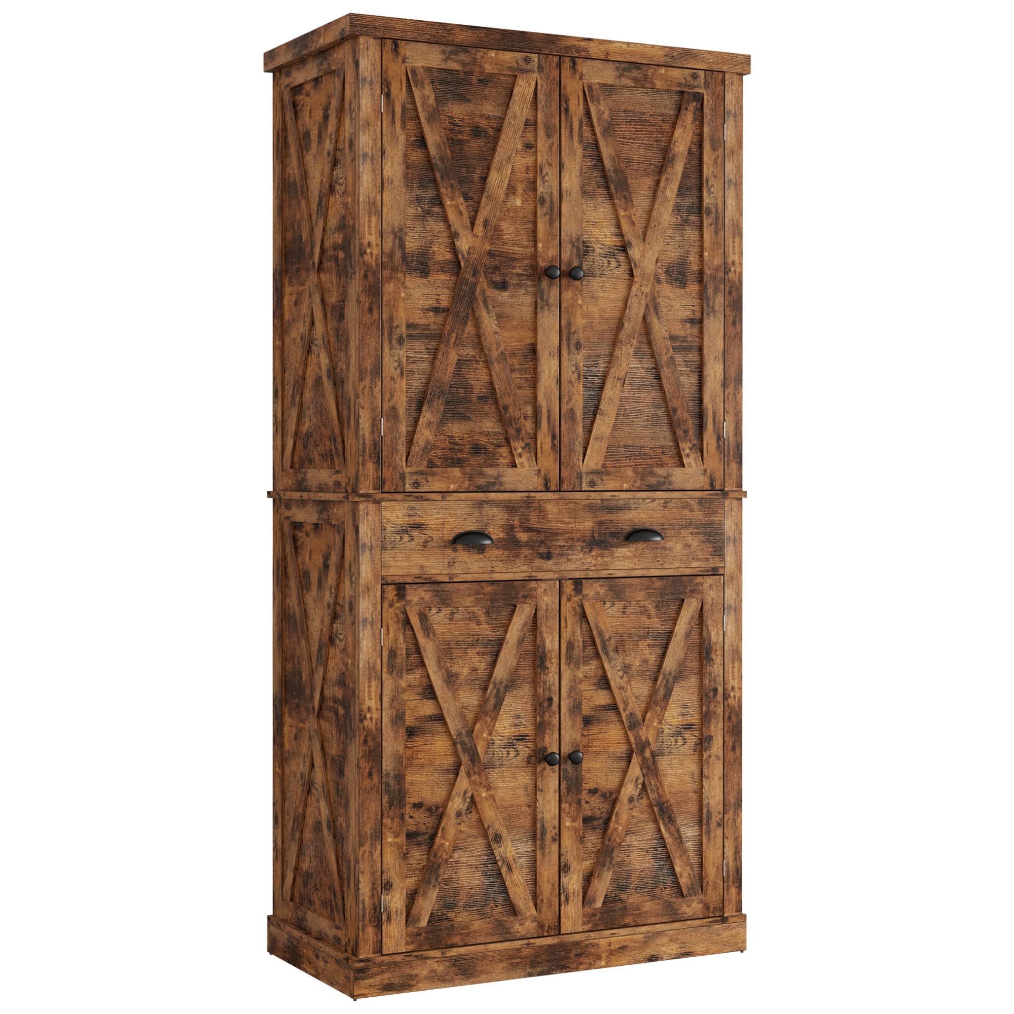 Kitchen Pantry Storage Cabinet 72.6" H, with Barn Doors, Drawer, 4 Adjustable Shelves, Freestanding Cupboard for Dining Room Living Room, Laundry, Vintage Brown