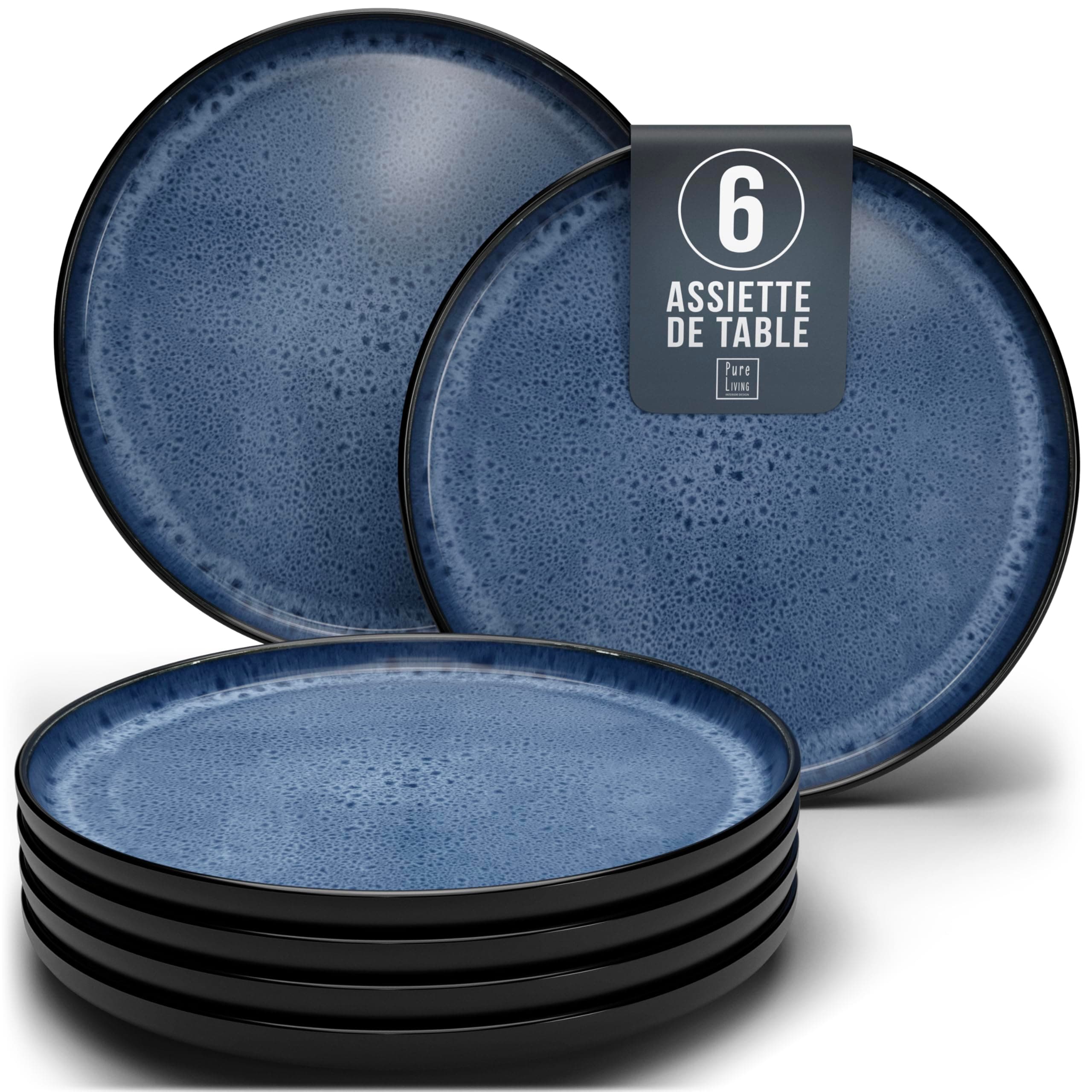 PURE LIVING INTERIOR DESIGN Stoneware Plates Large Set of 6 Ibiza Test Very Good – Elegant Dinner Plates Dishwasher and Microwave Safe – Crockery Set for 6 People, Dinner Plates – Black with Deep Blue