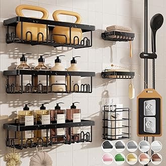 Veken Shower Caddy 6-Pack, Advanced Rustproof Design, No Drilling Adhesive Shelves, Rack with Soap Holder, Large Capacity Bathroom Organizers and Storage, Wall-Mounted Kitchen & Home Decor
