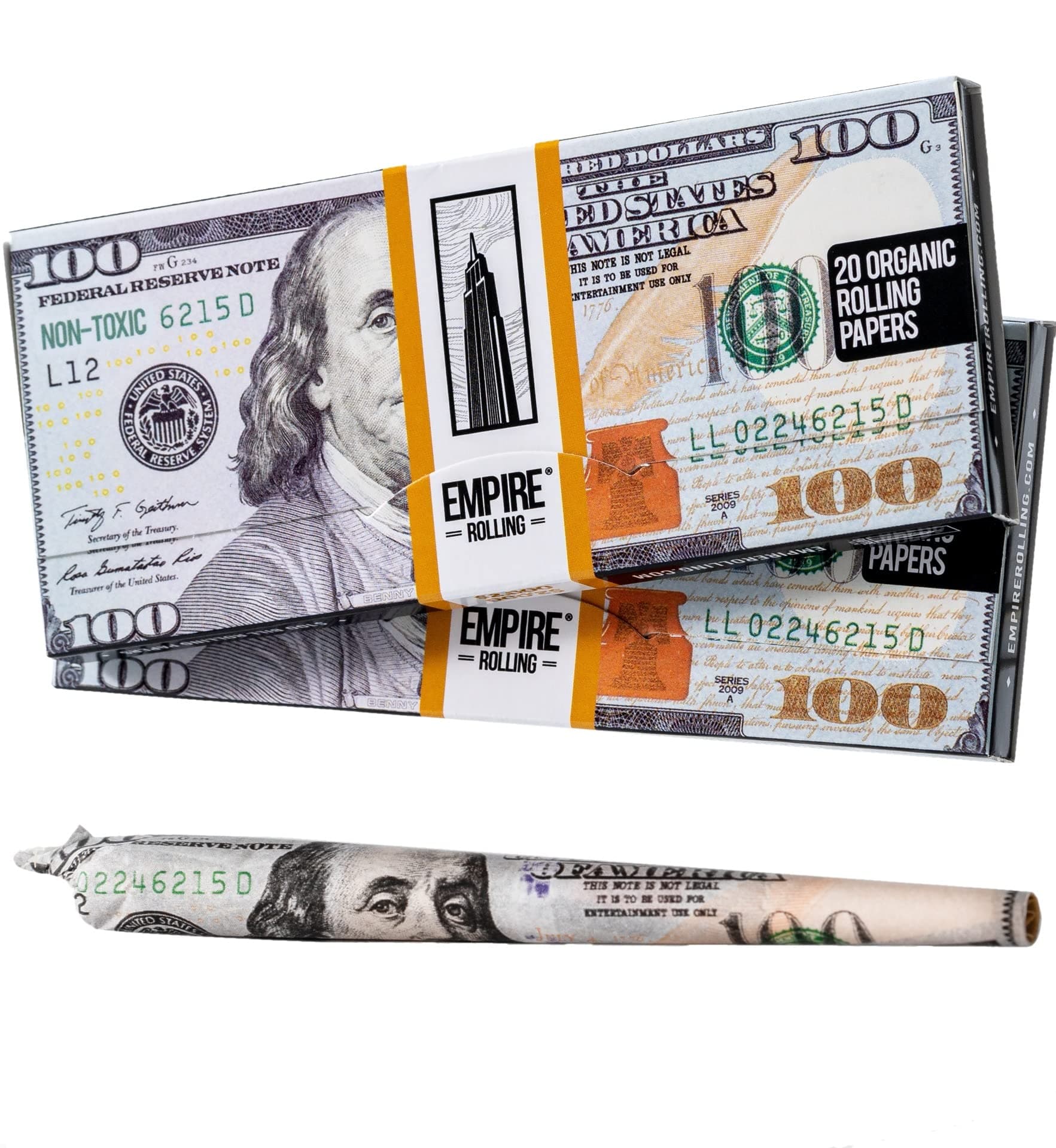 Empire RollingBenny's Duo – King Size $100 Bill Rolling Papers, Organic, Vegan, Non-GMO, Unbleached, Slow Burn, 111mm x 44.5mm, 2 Wallets (40 Papers), Eco-Friendly, Premium Quality