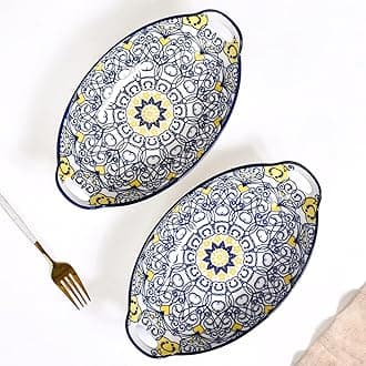 Set of 2 Dark Blue Mandala Ceramic Long Dish with Handles for Serving Snacks, Appetizers, Salads, and Noodles | Microwave Safe, Dishwasher Safe (10.8 Inch)