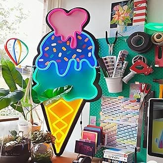 Ice Cream Neon Sign for Wall Decor, Custom Led Neon Signs, Ice Cream Store Dercor sign, UV printing Home Kitchen, Coffee Shop & Dessert Bar Decoration- 20 Inch Dimmable ice cream Light signs