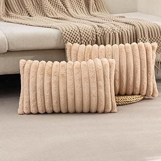 ZLINA Set of 2 Faux Fur Plush Decorative Throw Pillow Covers Fuzzy Striped Pillowcase Cushion Covers for Sofa Couch Bedroom Living Room (12 x 20-Inch, Apricot)