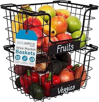 BIRDROCK HOME Stacking Wire Market Baskets with Chalk Label | Set of 2 | Fruit Vegetable Produce Metal Storage Bin for Kitchen Counter | Black