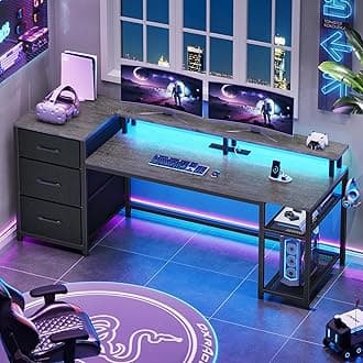 59" Office Desk with File Drawers, Reversible Computer Gaming Desk with Storage, LED Lights & Power Outlet, Home Office Desks for Printer, Grey