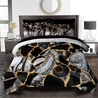 BlessLiving 8 Piece Comforter Set Modern Faux Gold Black Marble Stone Bedding for All Season - 1 Comforter, 2 Pillow Shams, 1 Flat Sheet, 1 Fitted Sheet, 1 Cushion Cover, 2 Pillowcases (Twin Size)
