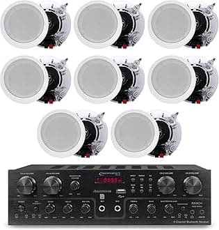 4 Channel 1600 Watts 8 Speaker Bluetooth Home Theater Receiver System w/ 4 Pairs of 5.25” Ceiling Wall Mount 2-Way Mid Bass Woofer Ceiling Speakers - Home Theater Kit