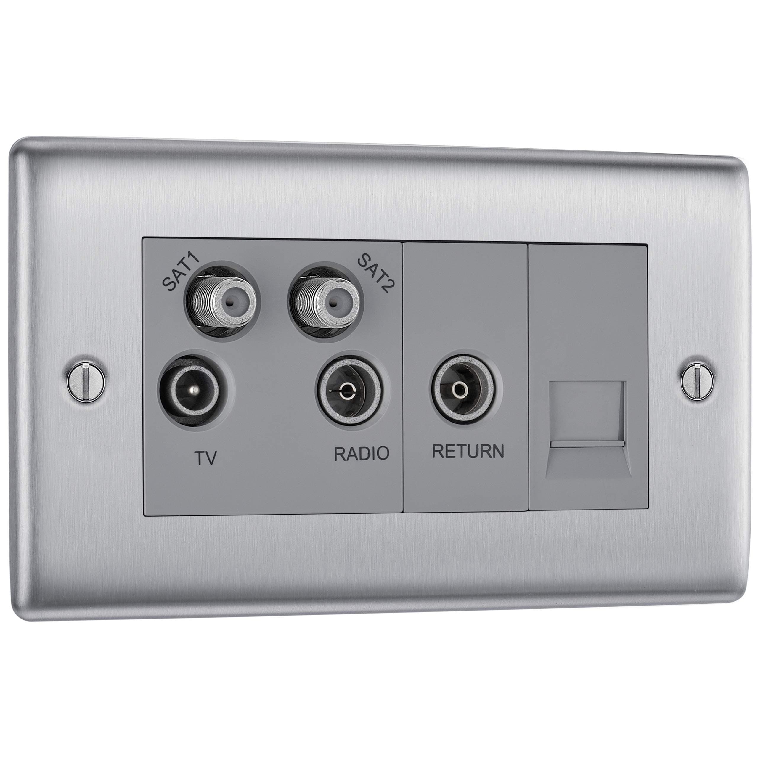 British General BG Electrical NBS69-01 Quadplex TV/FM and Double Satellite Socket, Brushed Steel with White Inserts, 2.7 cm*8.6 cm*14.6 cm