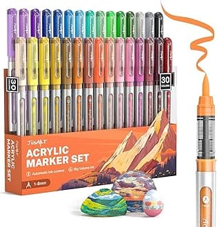 JusArt Acrylic Marker Pen, Set of 30 Colors, Water-Based, Sparkling, Bold, Acrylic Paint, Large Capacity, Illustration, Write on Cloths, Glass, Plastic, Stones, Wood, Ceramics, Metal, Color Markers