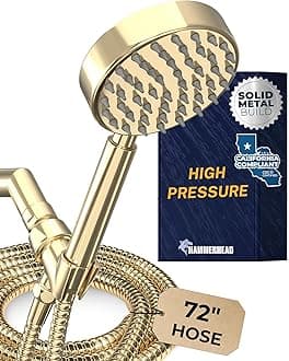 HammerHead Showers ® ALL METAL LOW FLOW Handheld Head with Hose and Brass Holder - POLISHED BRASS – Water Saving 1.75 GPM Detachable Head - Adjustable Wand Bracket & 6ft Hose