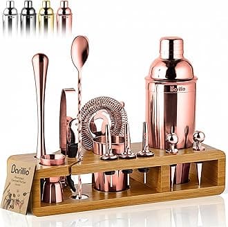 Barillio Rose Gold Bartender Kit - Stainless-Steel Cocktail Shaker Set w/Bamboo Stand - Mixology Bar Tools w/Drink Shaker, Mixer and Muddler for Cocktails - Home Bar Accessories - 23-Pc Bar Set