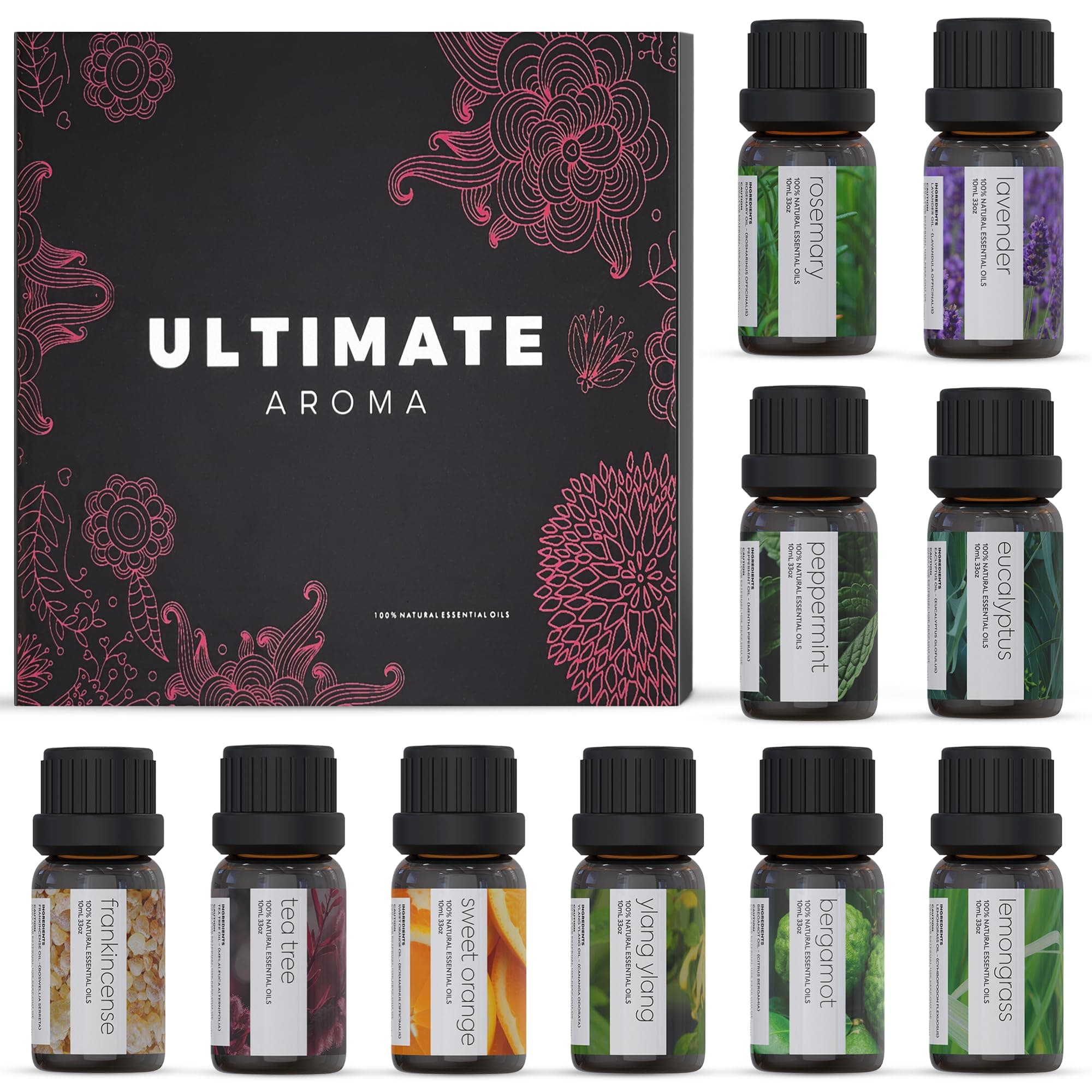 Essential Oils by Ultimate Aroma Top 10 Aromatherapy Oils Gift Set - Lavender/Tea Tree/Eucalyptus/Peppermint/Lemongrass/Sweet Orange/Bergamot/Frankincense/Rosemary/Ylang Ylang (10ml).