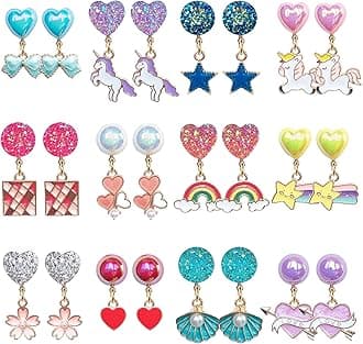 12 Pairs Clip On Earrings Girl Party Favor Princess Clip on Earrings Pretend Play Unicorn Earrings for Little Girl Kids Toddlers Jewelry Set, One Size, Metal, resin