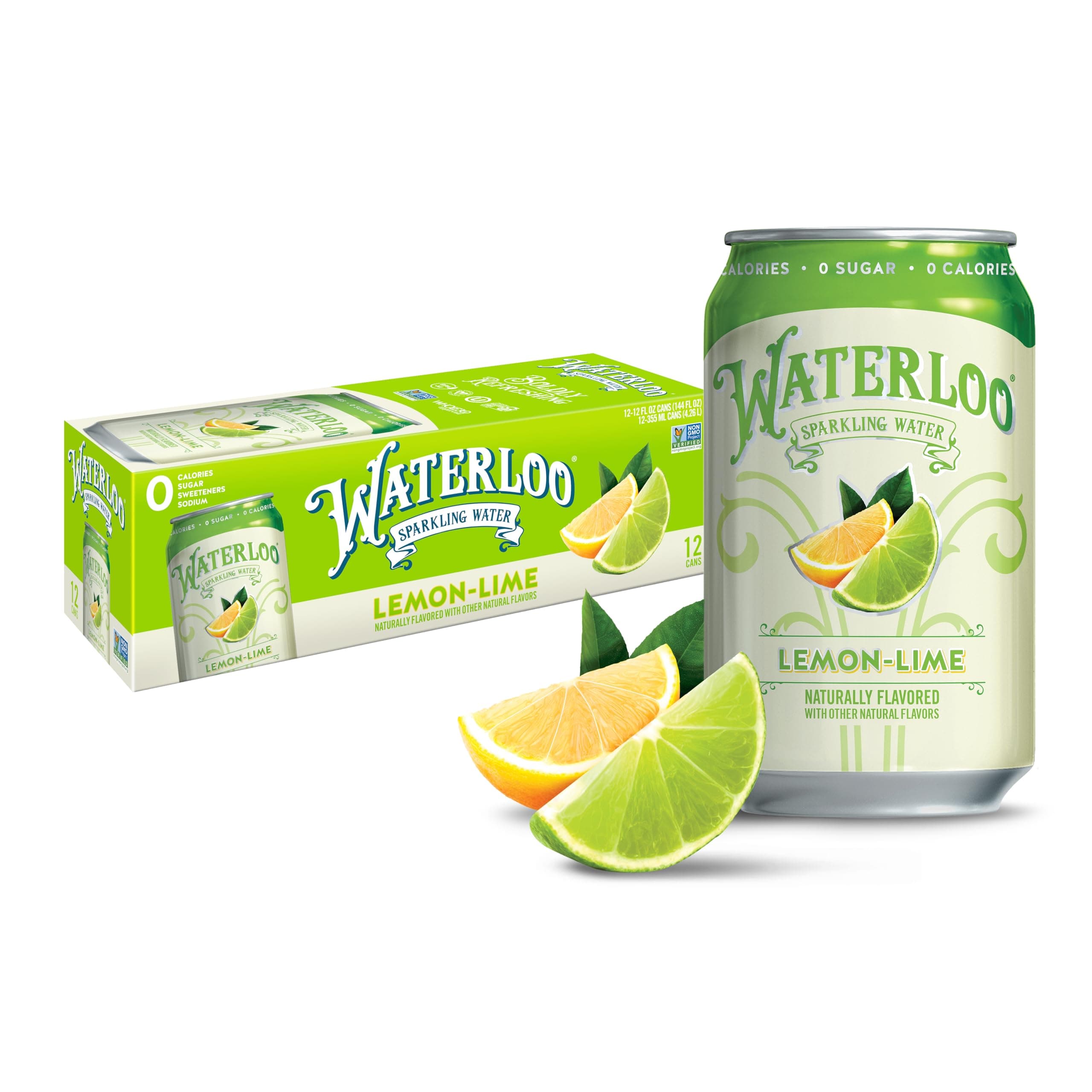 Waterloo Lemon-Lime Sparkling Water - Organic - 12 Pack x 355ml - 0 Sugar, 0 Calories, Non-GMO, Gluten Free, BPA Free, Vegan,Whole30, Kosher, No Artificial Sweetener, Soda & Tonic Replacement …