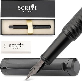 Scrivi Pens Luxury Fountain Pen Set-[Black] Fountain Pens for Writing - Smooth Extra Fine Nib - Includes Refillable Ink Converter, 5 Ink Cartridges [Black & Blue], Gift Box - Elegant Calligraphy