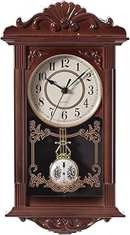 Clockswise Quickway Imports Vintage Grandfather Wood- Looking Plastic Pendulum Wall Clock for Living Room, Kitchen, or Dining Room, Brown