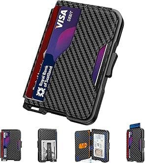 Wallet for Men, Slim Wallet for Men with Money Clip, Pop Up Card Case, RFID Blocking Bifold Wallets, Minimalist Leather Slots Credit Card Holder with Gift Box, (Carbon Fiber Black), Carbon