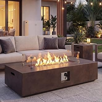 COSIEST 2-Piece Outdoor Propane Fire Table Set, Rectangle Concrete 56" x 28" Bronze Fire Pit (Certified, 50,000 BTU) w 20lb Tank Table, Wind Guard, Waterproof Cover for Garden, Porch, Backyard