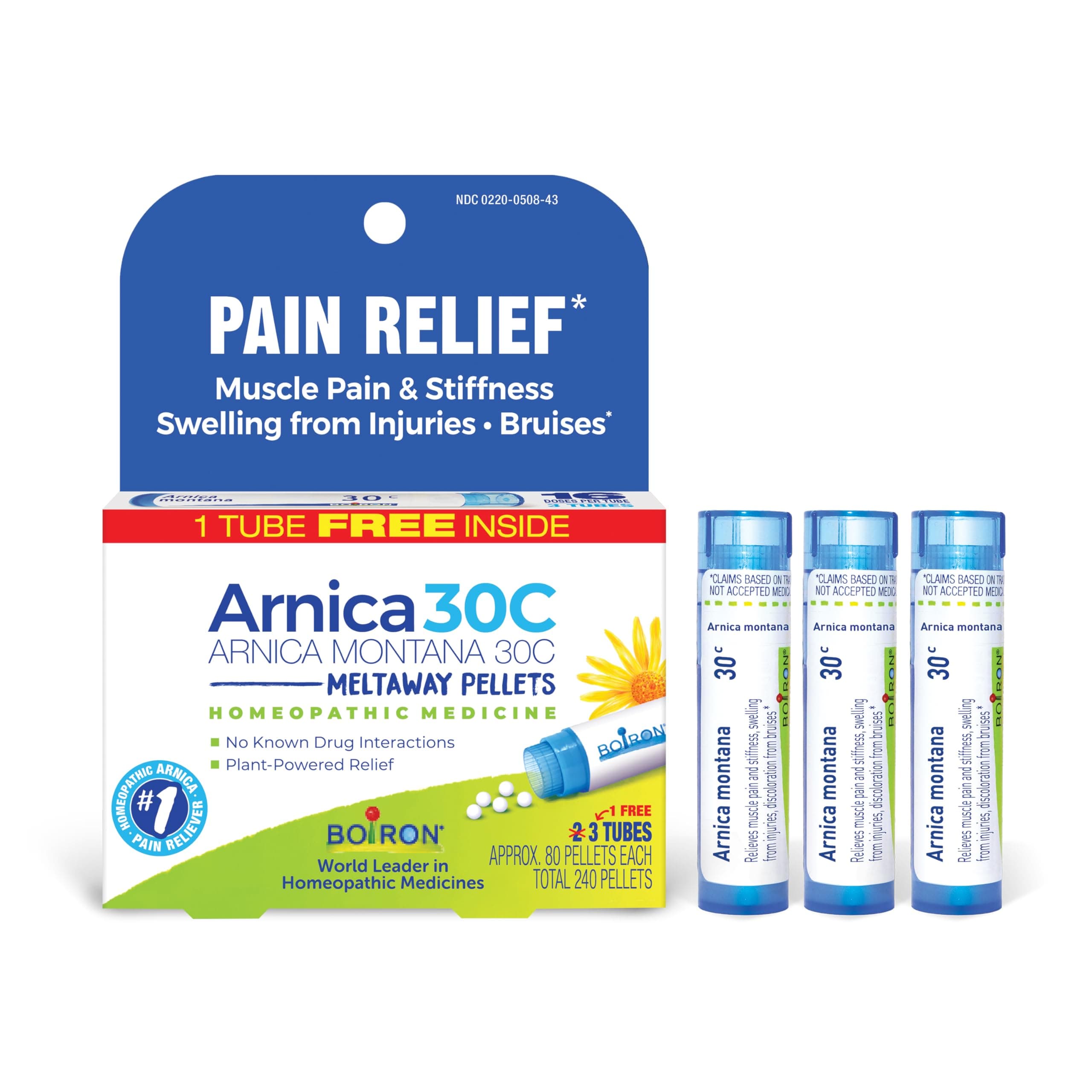 Boiron Arnica Montana 30C Homeopathic Medicine for Relief from Muscle Pain, Muscle Stiffness, Swelling from Injury, and Discoloration from Bruises - 3 Count (240 Pellets)