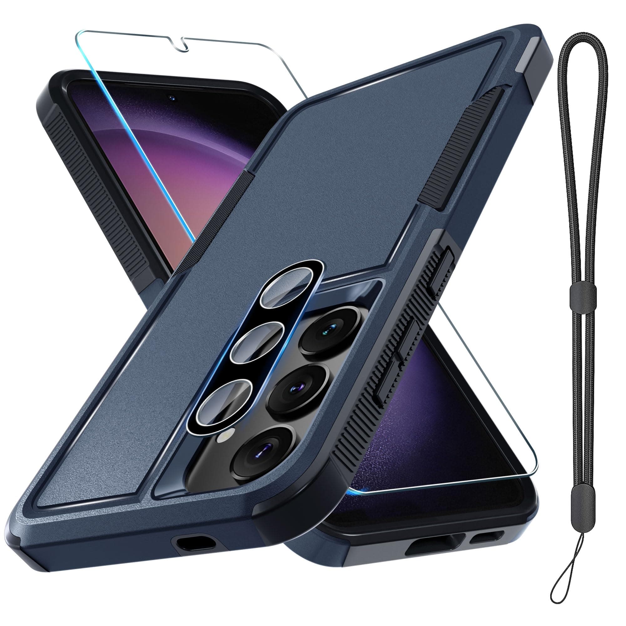 RMOCR Case for Samsung Galaxy S24 Plus, Full Body Heavy Duty Rugged Shockproof Protective Phone Cover with Lanyard Strap, Tempered Glass Screen Protector and Camera Lens Cover, Navy Blue