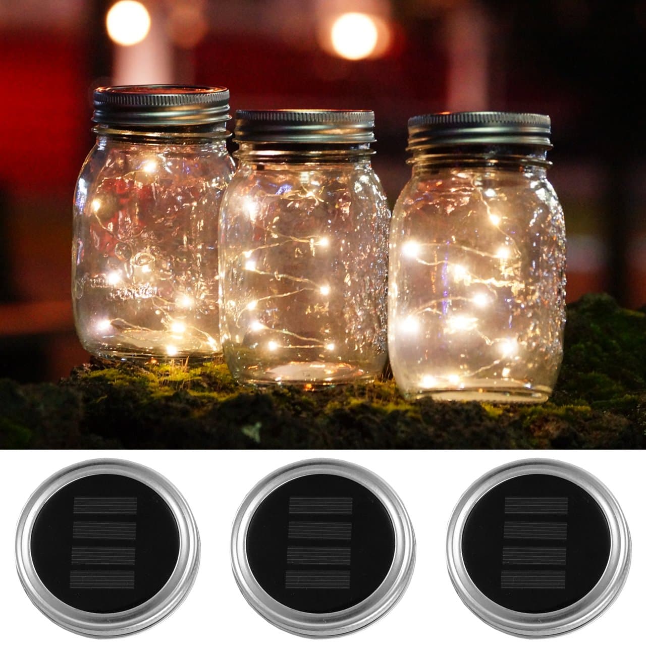 Austral Home 3 Pack Solar Mason Jar Lids Lights 10 LED Warm White Solar Powered Lights Screw on Silver Lids - Decorative Garden Outdoor Party - Jars not Included