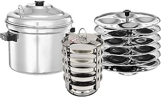 BLeaf Stainless Steel-Jointless Premium Idli cooker (Induction & Standard) with Regular Idli Stand/Idli Plates (6 Plates, 24 Idlis) & 5 Plate Thatte Idli Stand (5 Plate, 5 Idli)