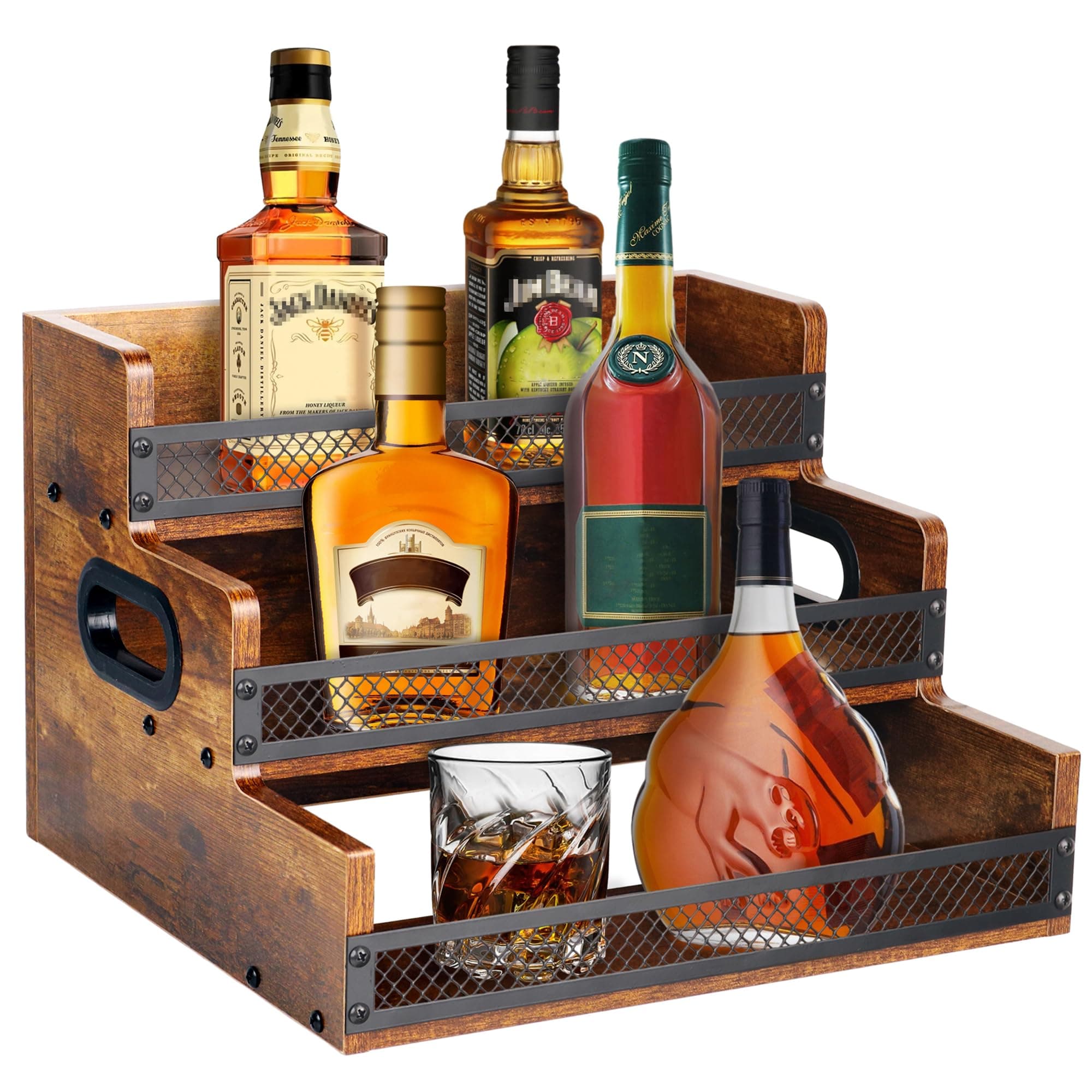 Liquor Bottle Display Shelf, Coffee Syrup Rack Organizer, 3 Step Countertop Liquor Wine Rack, 12 Bottles Coffee Station Organizer with Fences & Handles, Home Retro Bar Shelf Stand for Liquor Whiskey