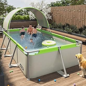 Metal Frame Swimming Pool Summer Rectangular Above Ground Pools Folding pool with shed roof Outdoor Lounge Pool for Adults Kids (Non-inflatable installation)(Size:2.6m)