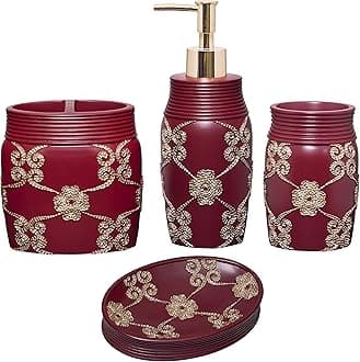 Zahari Home 4pc Elegant Rose Burgundy Bathroom Set Classic Bathroom Lotion Dispenser, Tumbler, Toothbrush Case and Bar Soap Holder Modern Uunique Design Burgundy Red Bathroom Accessories
