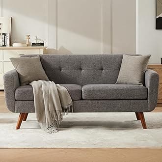 65" W Loveseat Sofa, Mid Century Modern Love Seat Couches for Living Room, Button Tufted Upholstered Small Couch for Bedroom, Solid and Easy to Install Love Seats Furniture, Grey | linen fabric, button tufted, solid wood foot, pocket spring, wood slats frame