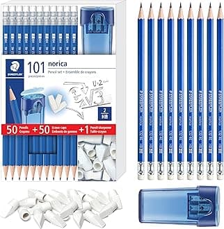 Norica Pencil Set: 50 Pre-sharpened #2 HB Pencils with 50 Eraser Caps & Double-Hole Sharpener, Break-Resistant Lead, School Pack