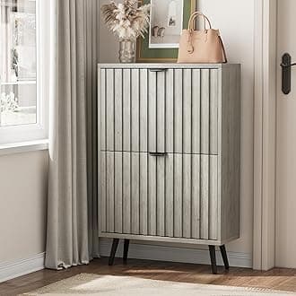 Shoe Storage Cabinet, Fluted Shoe Cabinet for Entryway, Grey Hidden Storage with Metal Legs, Flip Doors