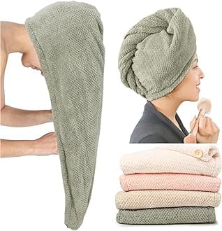 ROLSHOL Extra Large 4 Pack Microfiber Hair Towel Wrap for Women Super Absorbent & Quick Dry Hair Drying Towels with Button, Hair Turbans for Curly Hair Long & Short Hair - Anti-Frizz (green pinstripe)