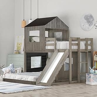 Twin Over Full Bunk Bed Frames Loft Bed with Slide, House Roof, Window and Safety Guardrails for Teens, Boys or Girls