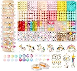 Clay Beads for Jewellery Making Kit Kids Girls Macaron Color Pastel Pearl Round Beads Letter Beads with Unicorn Pendants, Crystal Star Flower Hair Beads for Bracelet Making DIY Crafts (DIY Bead Kit,1)