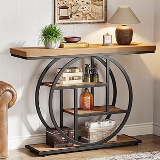 Tribesigns 41.3" Industrial 4-Tier Console Table with Circle Base, Narrow Wood Accent Shelves for Living Room, Hallway, Entryway, Foyer - Light Brown